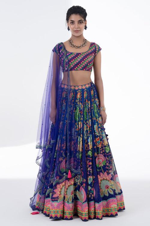 Printed Lehnga With Embroidered Detailing On Border And Blouse With Scalloped Dupatta Set