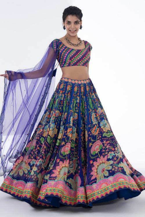Printed Lehnga With Embroidered Detailing On Border And Blouse With Scalloped Dupatta Set