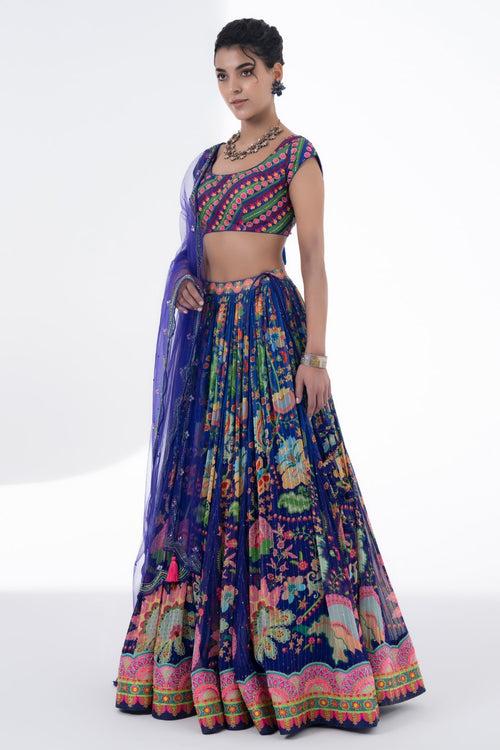 Printed Lehnga With Embroidered Detailing On Border And Blouse With Scalloped Dupatta Set