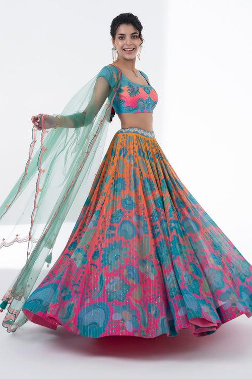 Printed Lehnga With Embroidered Blouse And Scalloped Dupatta Set