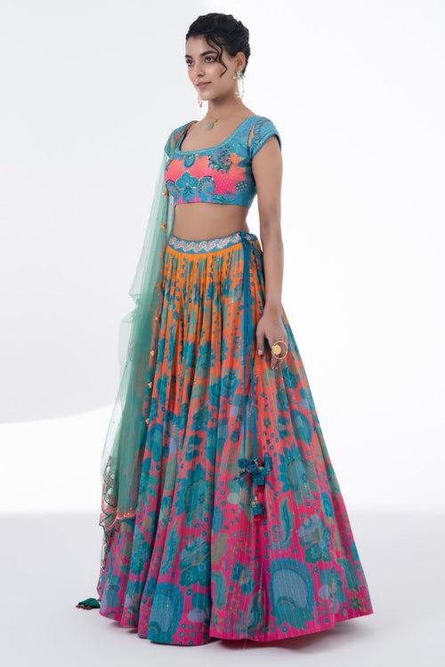 Printed Lehnga With Embroidered Blouse And Scalloped Dupatta Set