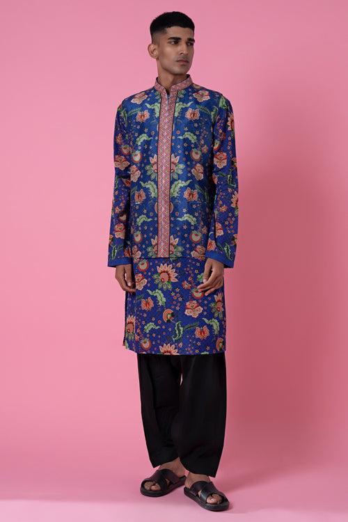 Monsoon Midnight Blue Wild Flower Embroidered Border Nehru Jacket