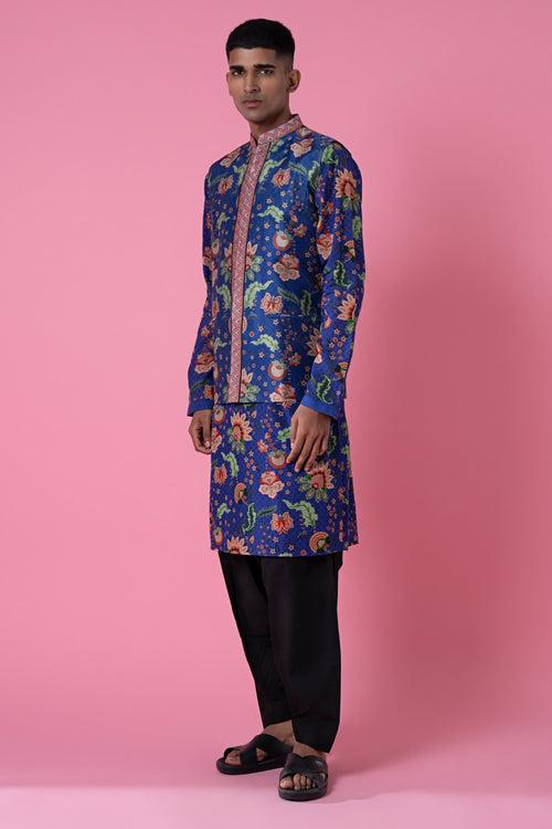 Monsoon Midnight Blue Wild Flower Embroidered Border Nehru Jacket