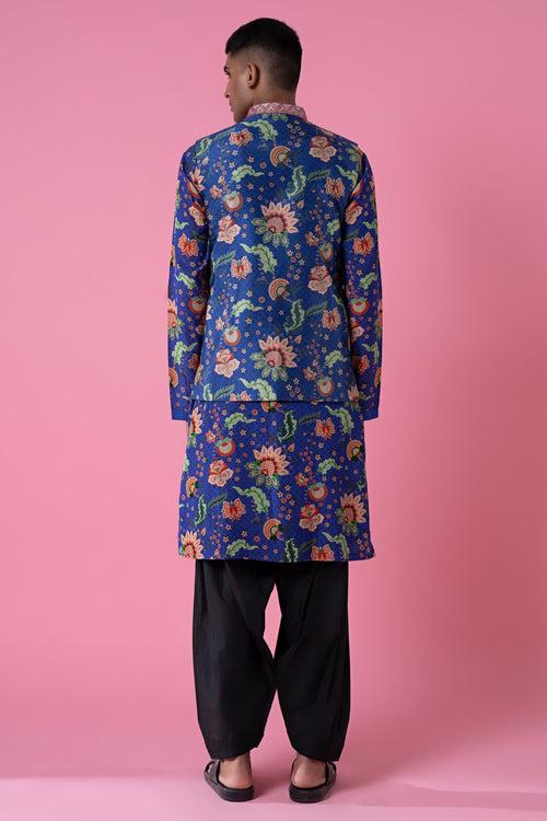 Monsoon Midnight Blue Wild Flower Embroidered Border Nehru Jacket