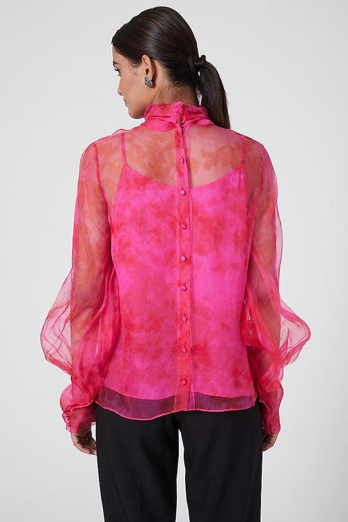 Bright Pink Tie Dye Bow Organza Top With Slip