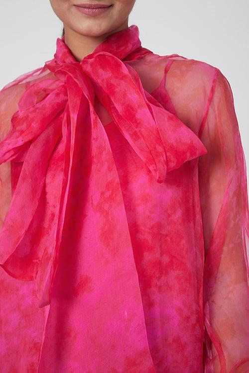 Bright Pink Tie Dye Bow Organza Top With Slip