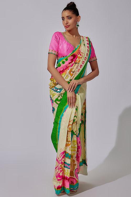 Sky Ivory Royal Paisely Hand Embroidery Saree And Contasting Border Paired With Pink Embroidered Blouse