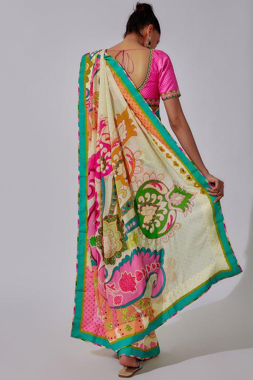 Sky Ivory Royal Paisely Hand Embroidery Saree And Contasting Border Paired With Pink Embroidered Blouse