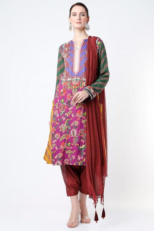 Purple  And Yellow Kurta With Pale Pink Salwar And Chiffon Dupatta