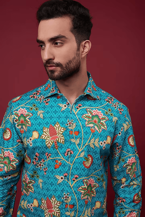 Aqua Blue Classic Chintz Floral Shirt