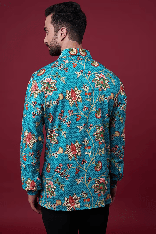 Aqua Blue Classic Chintz Floral Shirt