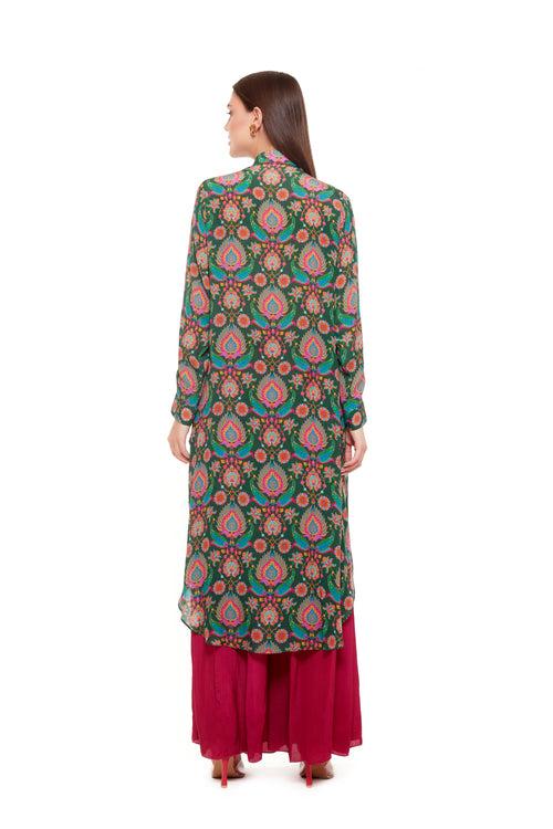 Green Pink  Embellished Paisley Shirt Dress