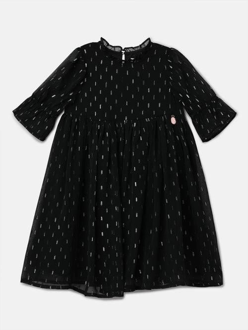 Girls Solid Black Printed Swing Dress