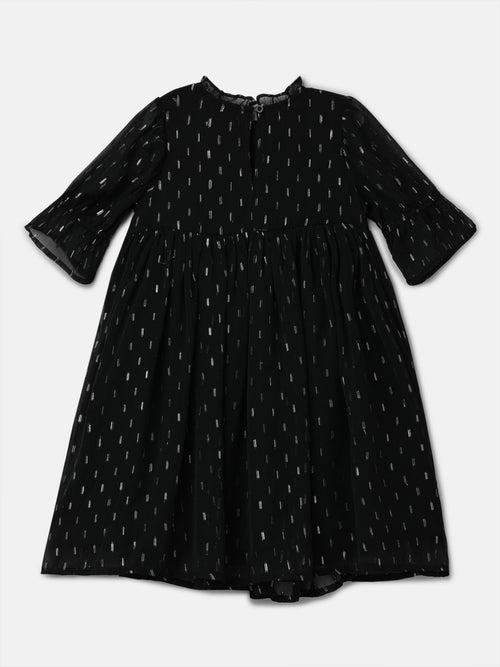 Girls Solid Black Printed Swing Dress