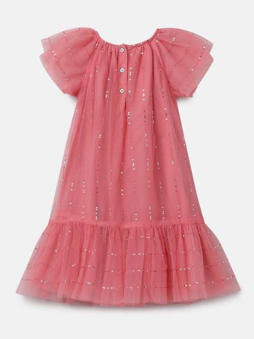 Girls Coral Pink Sequin Embellished Mesh Dress