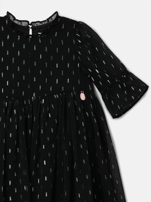 Girls Solid Black Printed Swing Dress