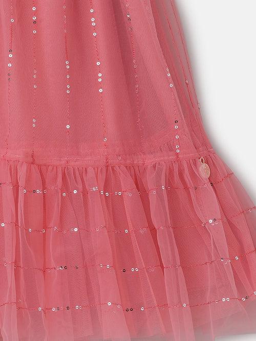 Girls Coral Pink Sequin Embellished Mesh Dress