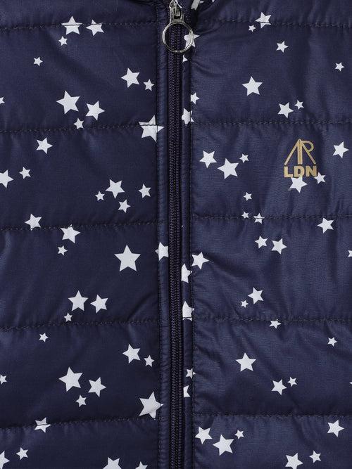 Girls Star Printed Navy Puffa Jacket with Hood