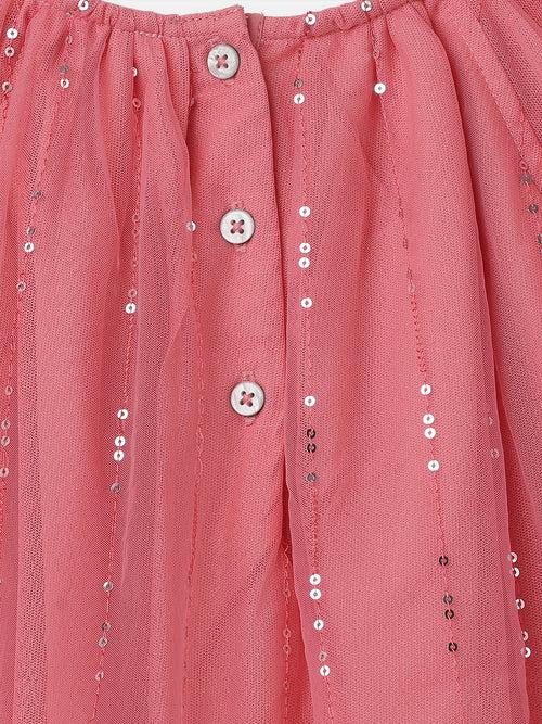 Girls Coral Pink Sequin Embellished Mesh Dress