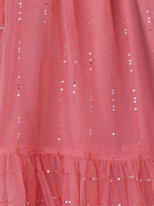 Girls Coral Pink Sequin Embellished Mesh Dress