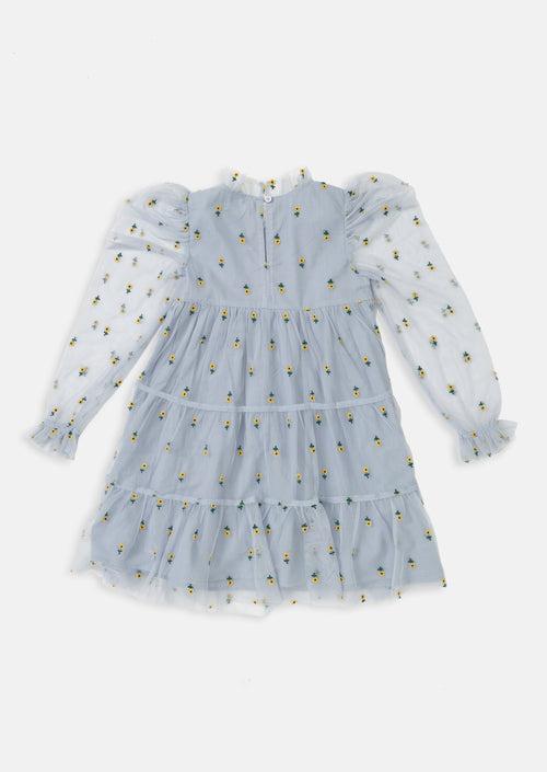 Girls Floral Embroidered Blue Mesh Dress