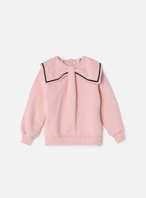 Girls Pink Self Textured Collar Sweatshirt