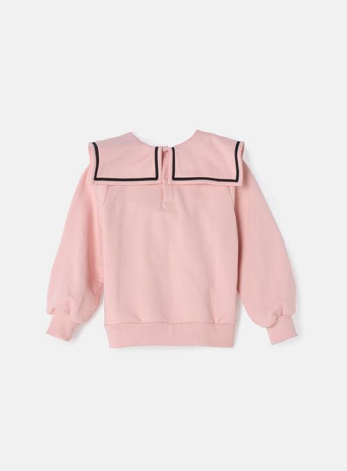 Girls Pink Self Textured Collar Sweatshirt