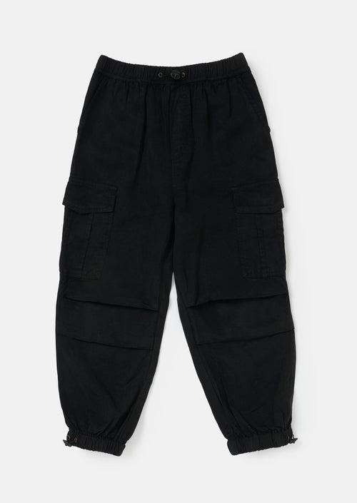 Girls Self Textured Cotton Black Parachute Cargo Trousers