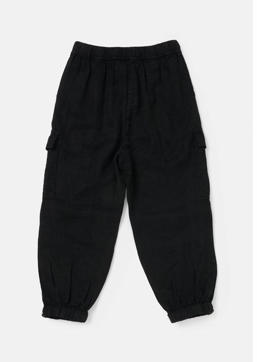 Girls Self Textured Cotton Black Parachute Cargo Trousers