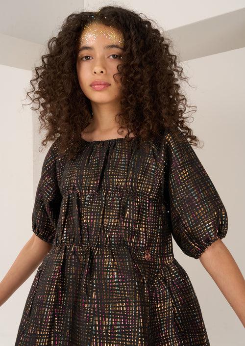 Girls Woven Black Sequin Dress with Puff Sleeves