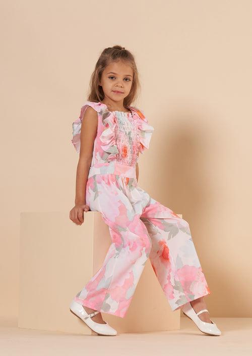 Girls Floral Printed Pink Jumpsuit