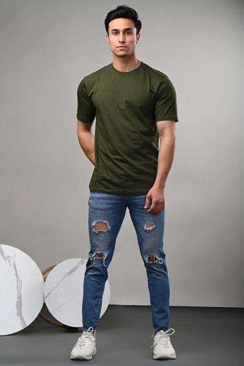 Olive Solid Cotton Round Neck Tshirt