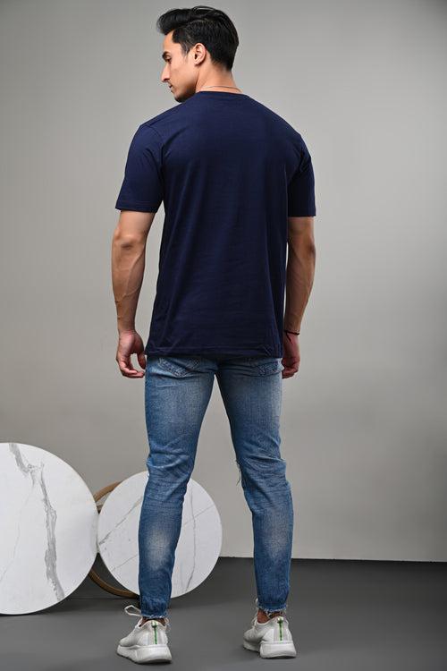 Navy Blue Solid Cotton Round Neck Tshirt