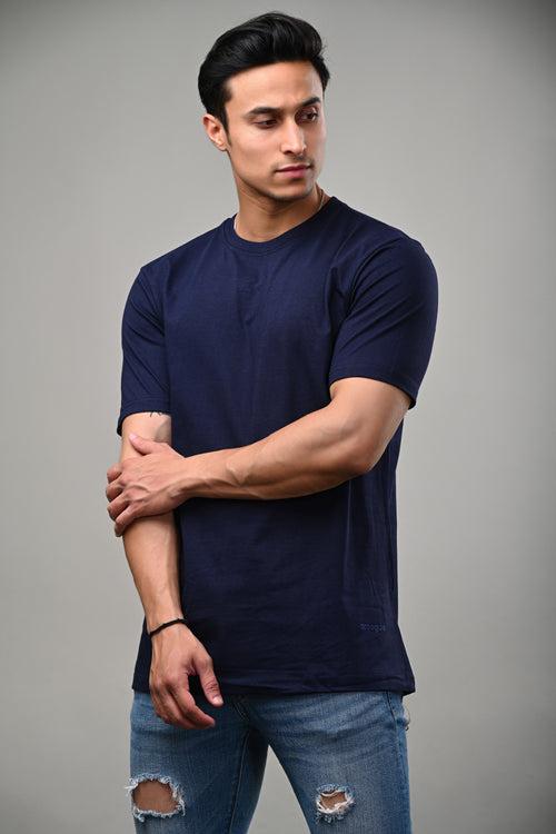 Navy Blue Solid Cotton Round Neck Tshirt