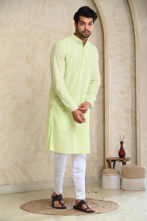Light Green Embroidery Premium Cotton Kurta & White Pajamas