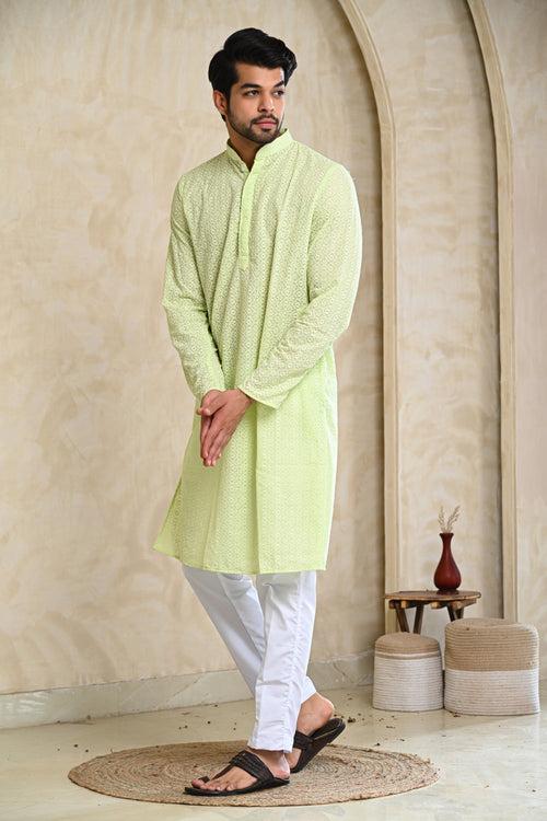 Light Green Embroidery Premium Cotton Kurta & White Pajamas