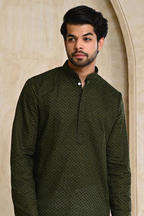 Dark Green Embroidery Premium Cotton Kurta & White Pajamas