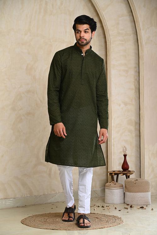 Dark Green Embroidery Premium Cotton Kurta & White Pajamas