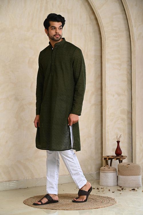 Dark Green Embroidery Premium Cotton Kurta & White Pajamas