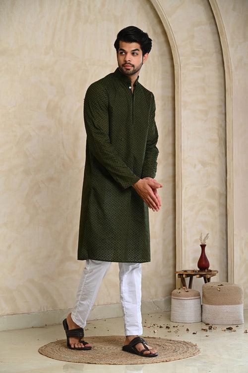 Dark Green Embroidery Premium Cotton Kurta & White Pajamas