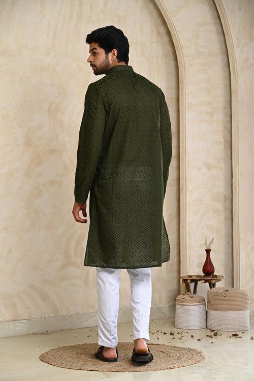 Dark Green Embroidery Premium Cotton Kurta & White Pajamas