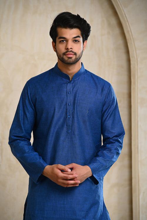 Royal Blue Khadi Look Kurta & White Pajamas