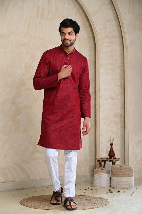 Maroon Khadi Look Kurta & White Pajamas