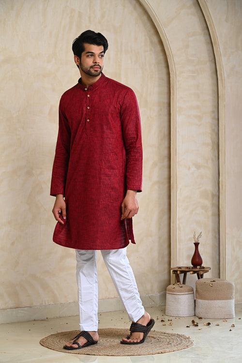 Maroon Khadi Look Kurta & White Pajamas