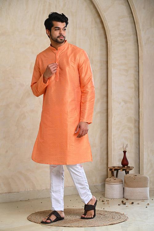 Orange Self Design Kurta & White Pajamas