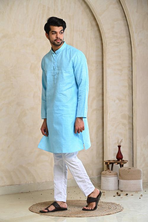 Sky Self Khadi Look Kurta & White Pajamas