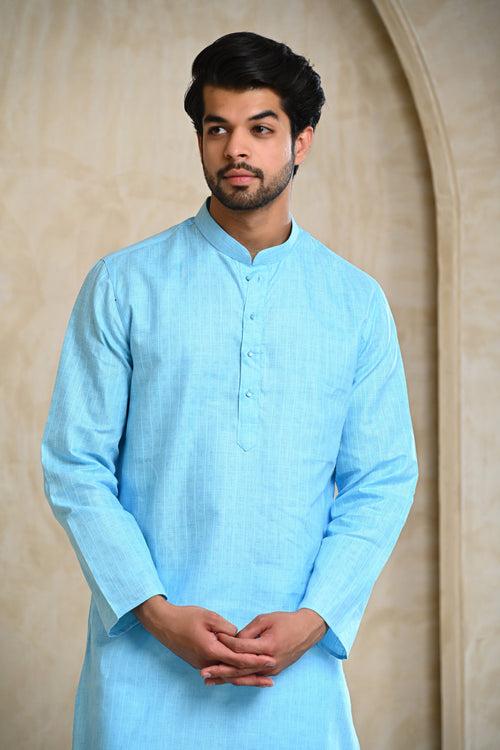 Sky Self Khadi Look Kurta & White Pajamas