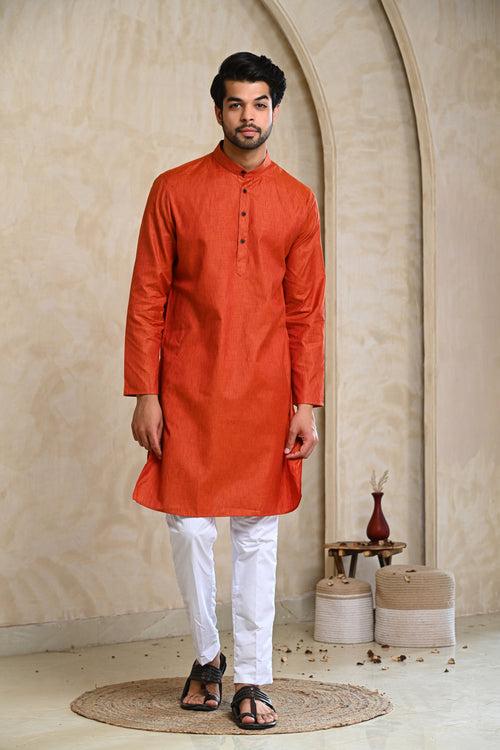 Rust Self Design Kurta & White Pajamas