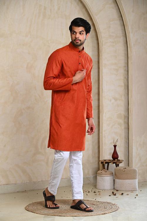 Rust Self Design Kurta & White Pajamas