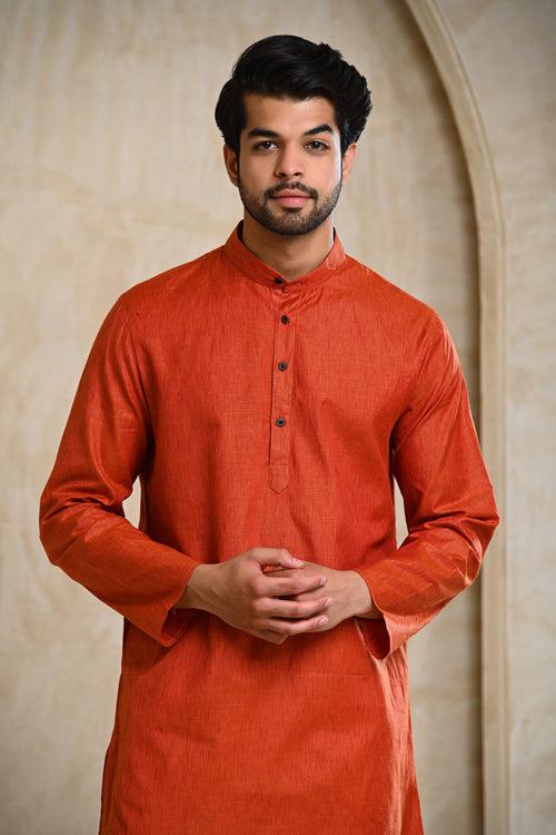 Rust Self Design Kurta & White Pajamas